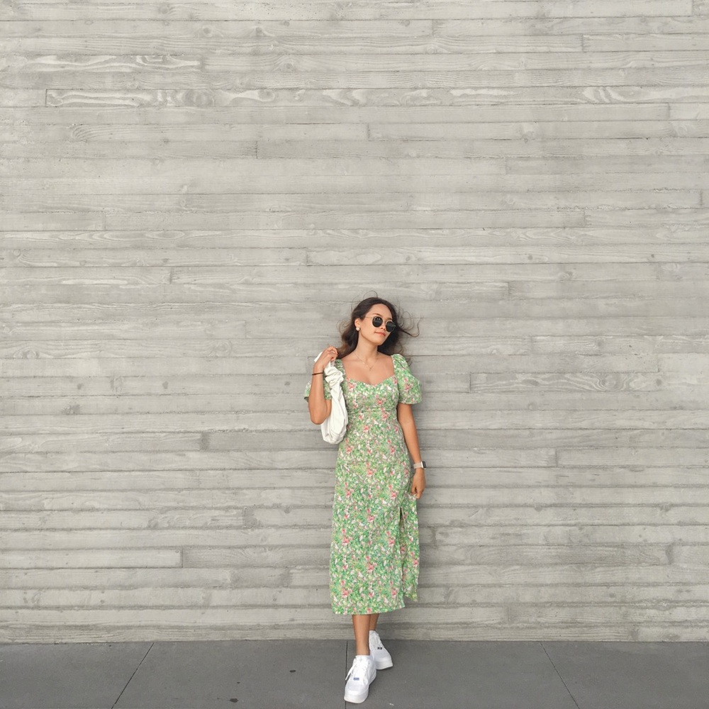 SHEIN Puff Sleeve Split Thigh Floral Print Dress